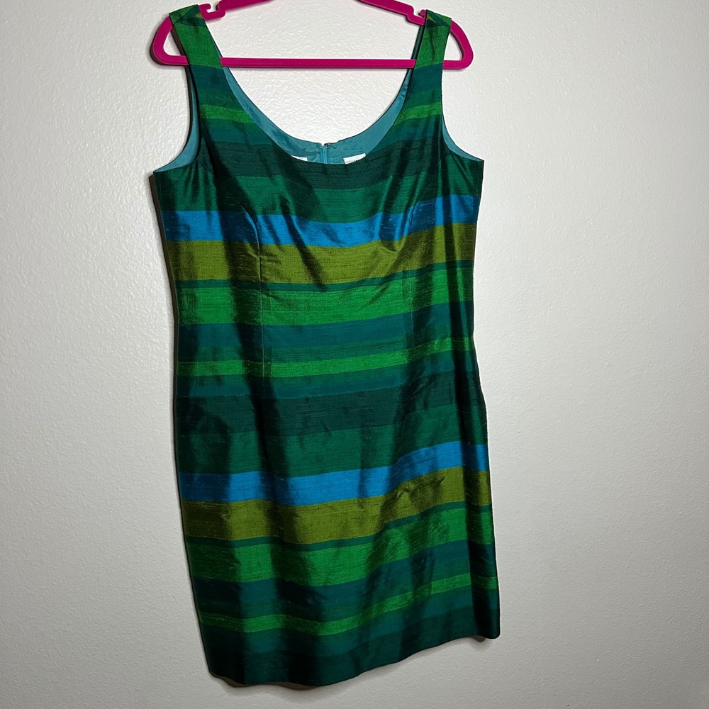 Anne Klein II Women Striped Sheath‎ Dress Blue Green Silk Blend Size 14